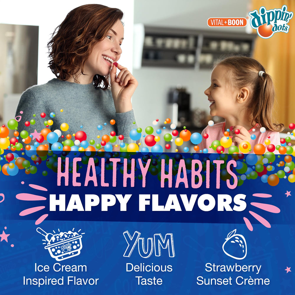 Vital+Boon Dippin Dots bottle nutrition facts highlight 120 gummies for a 60-day supply.