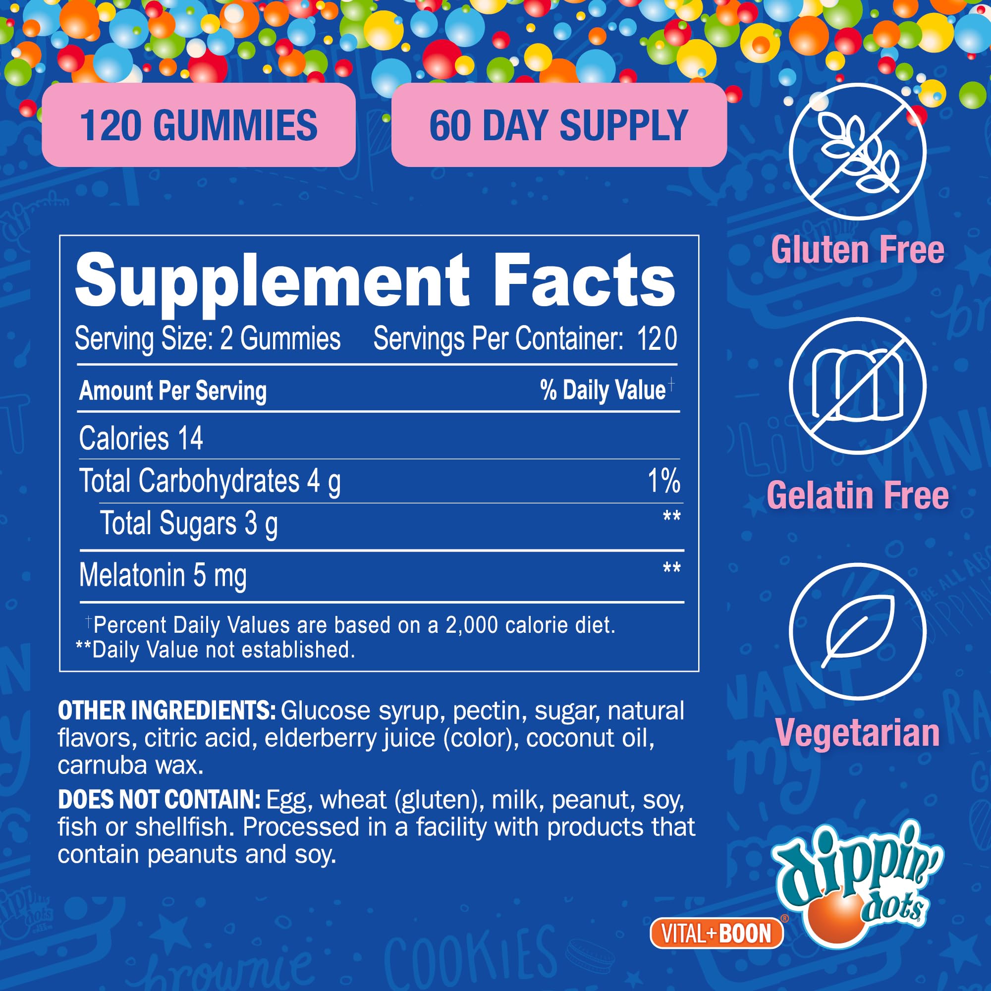 Vital+Boon Dippin Dots gummies spilled beside a bedtime scene suggest nightly routine.