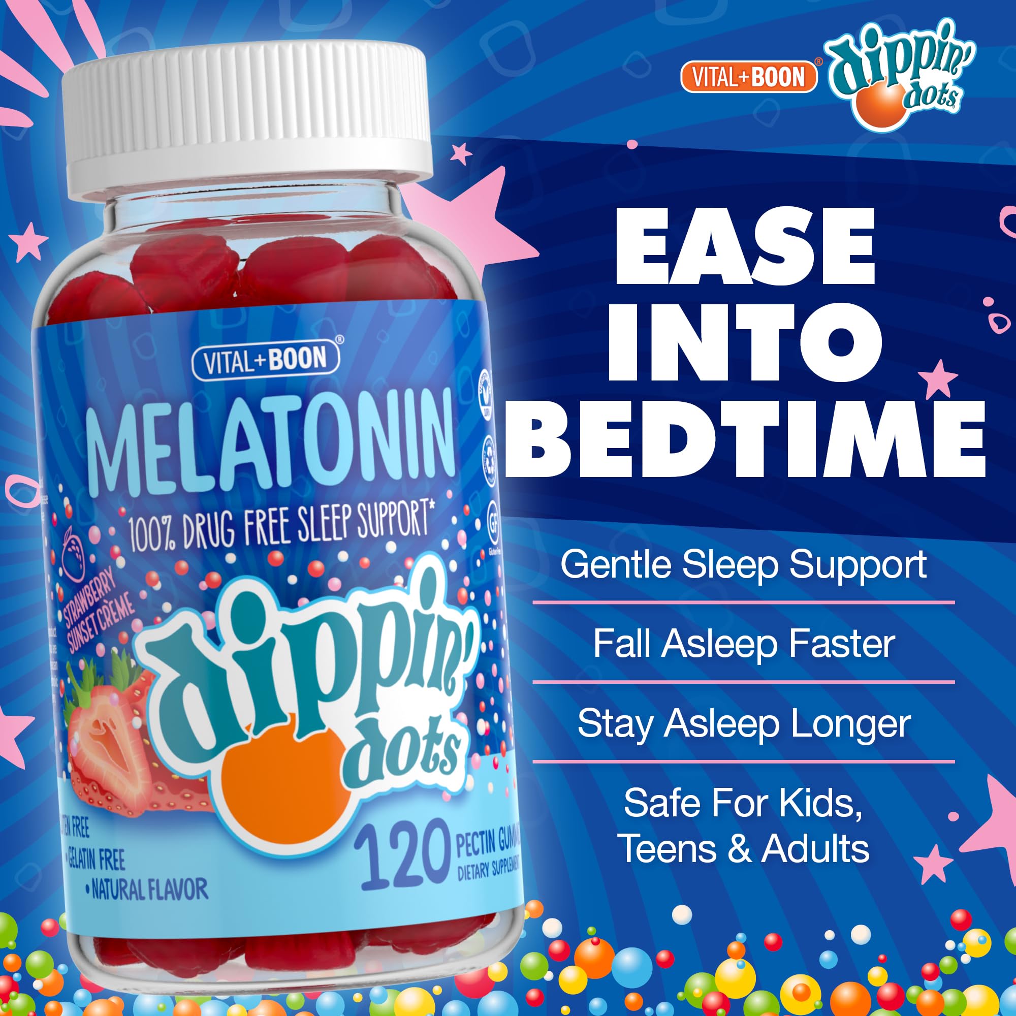 Vital+Boon Dippin Dots gummy texture closeup highlights chewy bite and strawberry creme flavor.