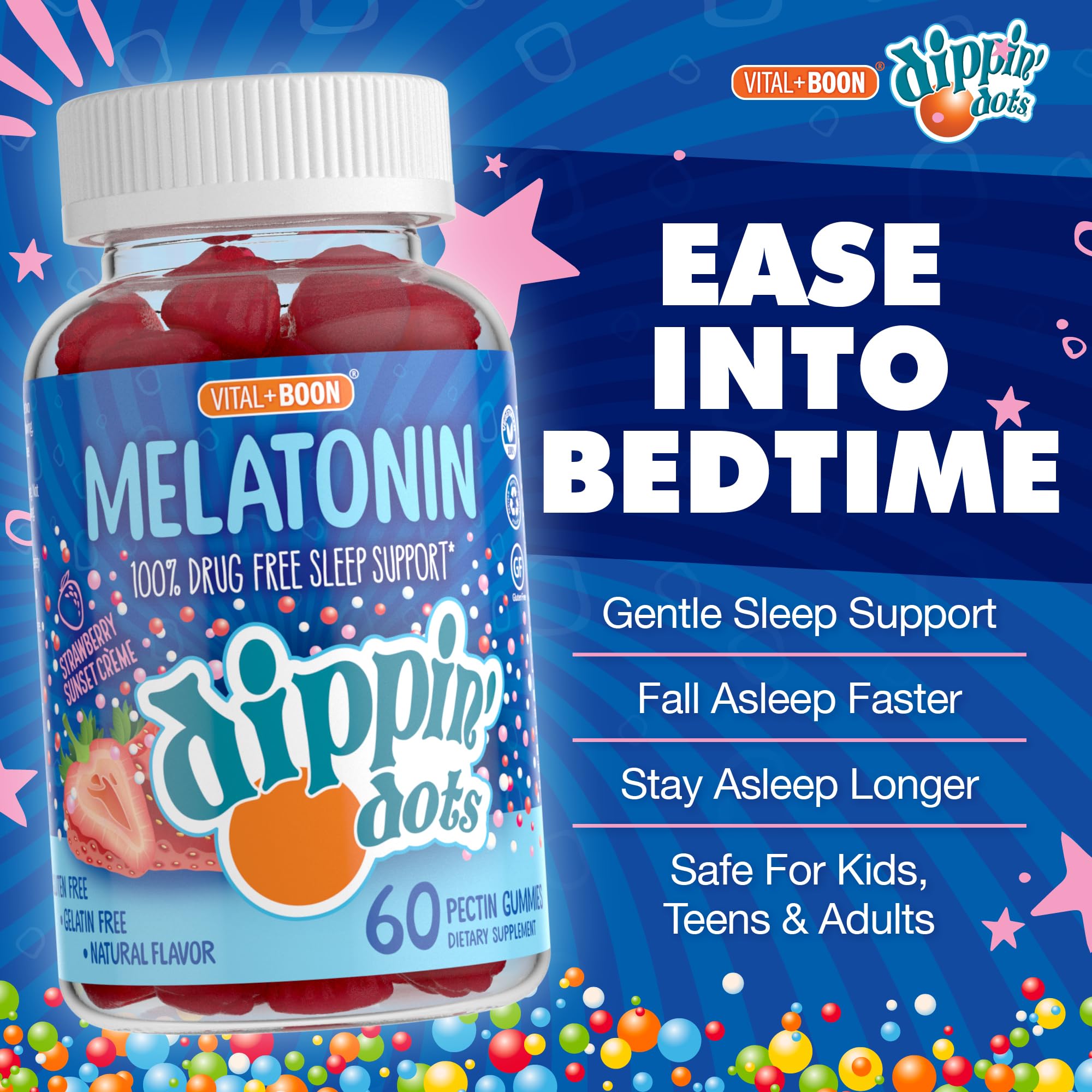 Close-up of Dippin' Dots gummies showing strawberry creme texture for bedtime routine