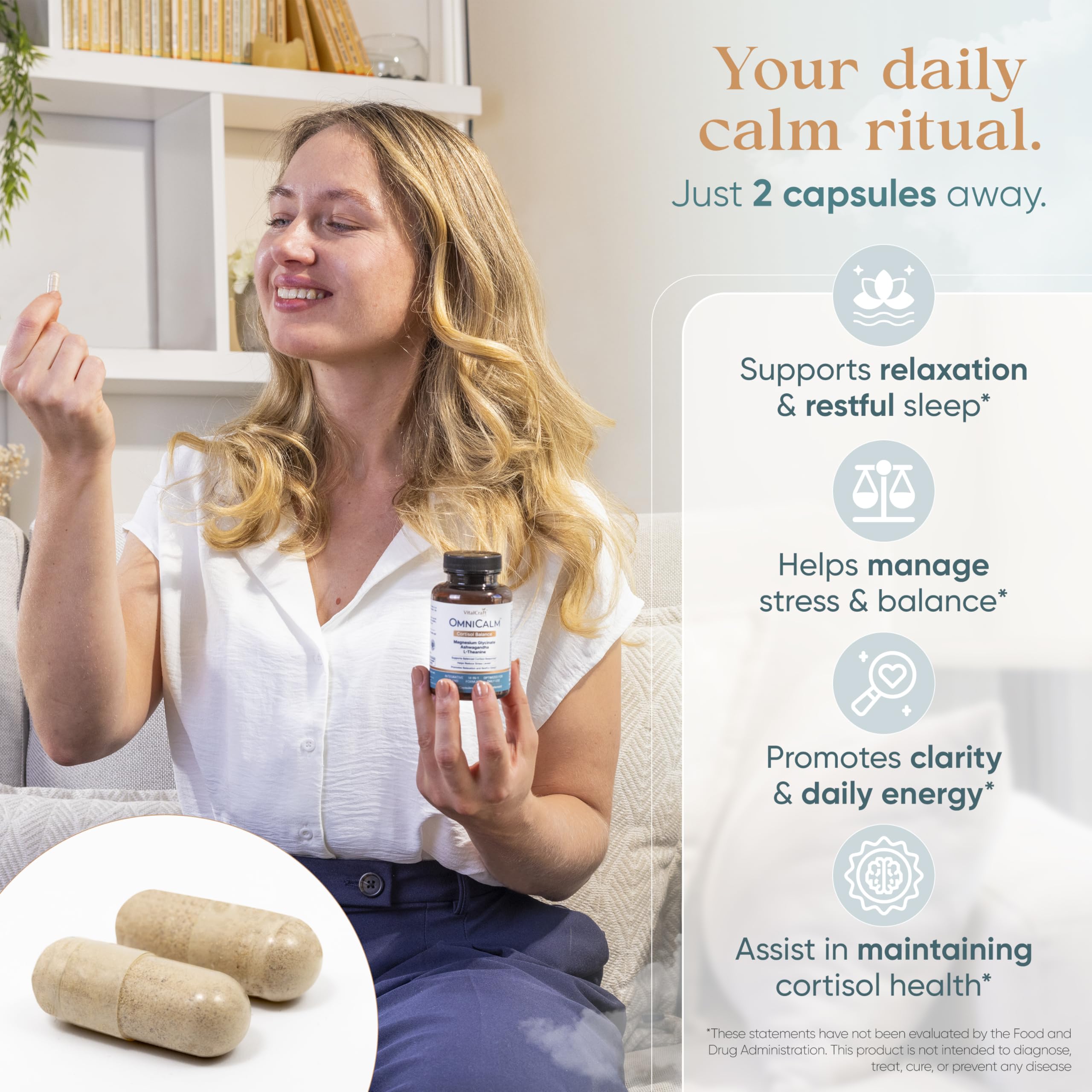 VITALCRAFT LABS OmniCalm capsules in blister emphasize convenient stress management.