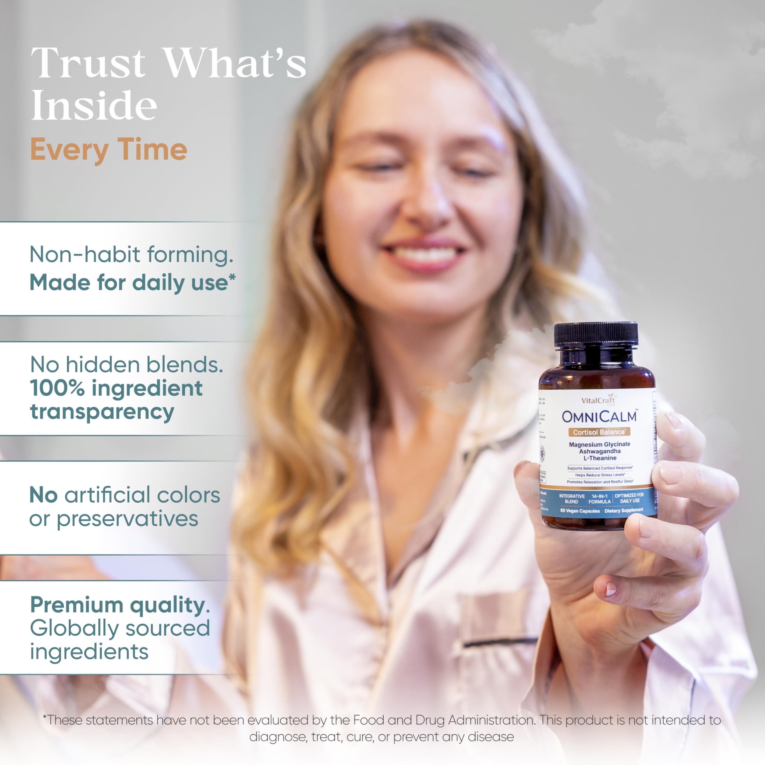 VITALCRAFT LABS OmniCalm sleep-scene suggests a relaxed evening and restful night.