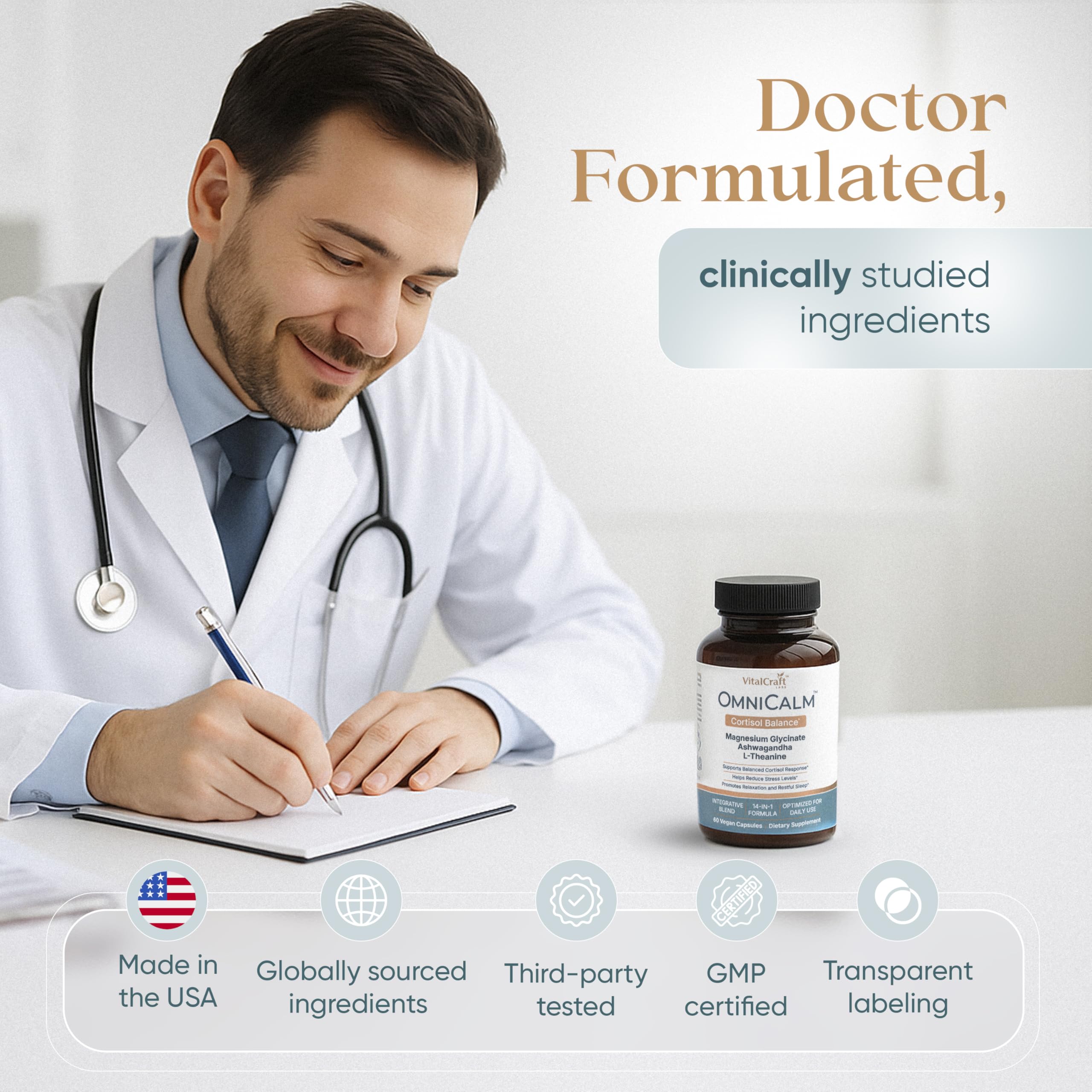 VITALCRAFT LABS OmniCalm USA-made facility tag signals quality and safety.