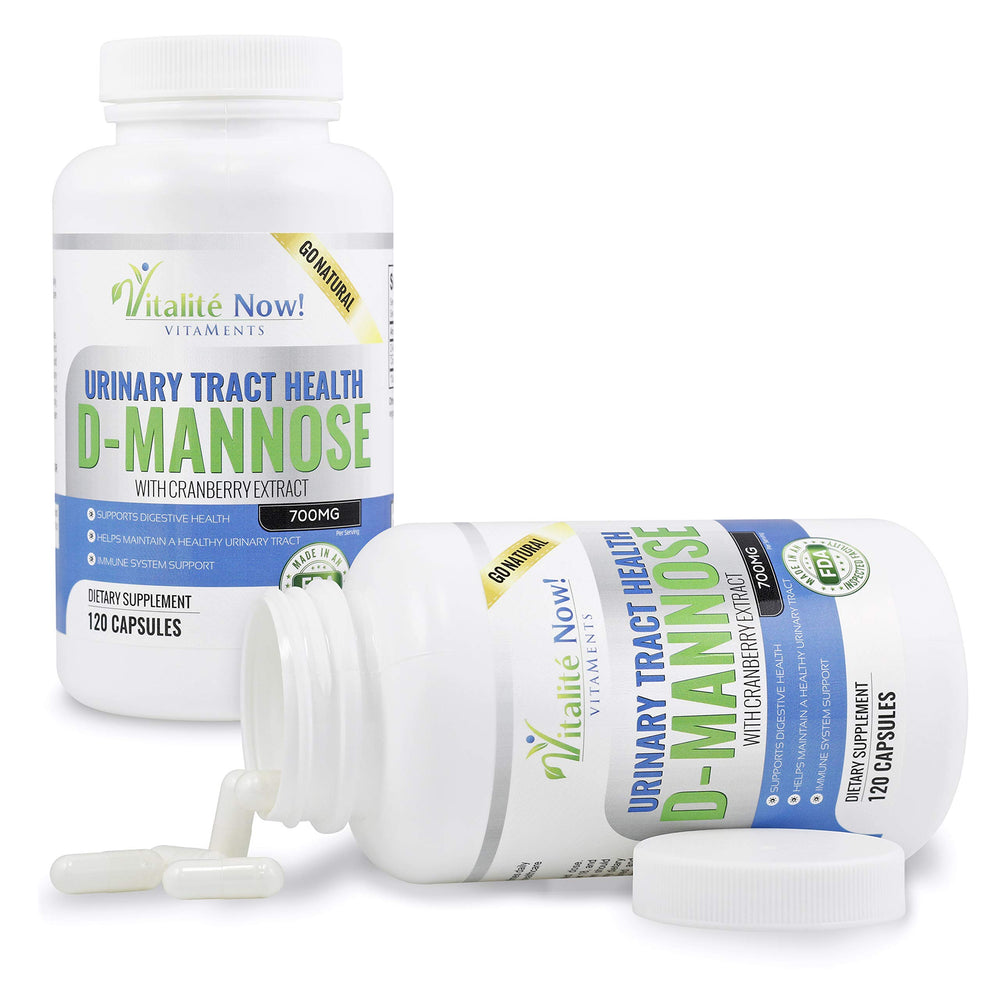 Vitalité Now 700 mg D-Mannose capsules close-up highlighting potency for urinary support