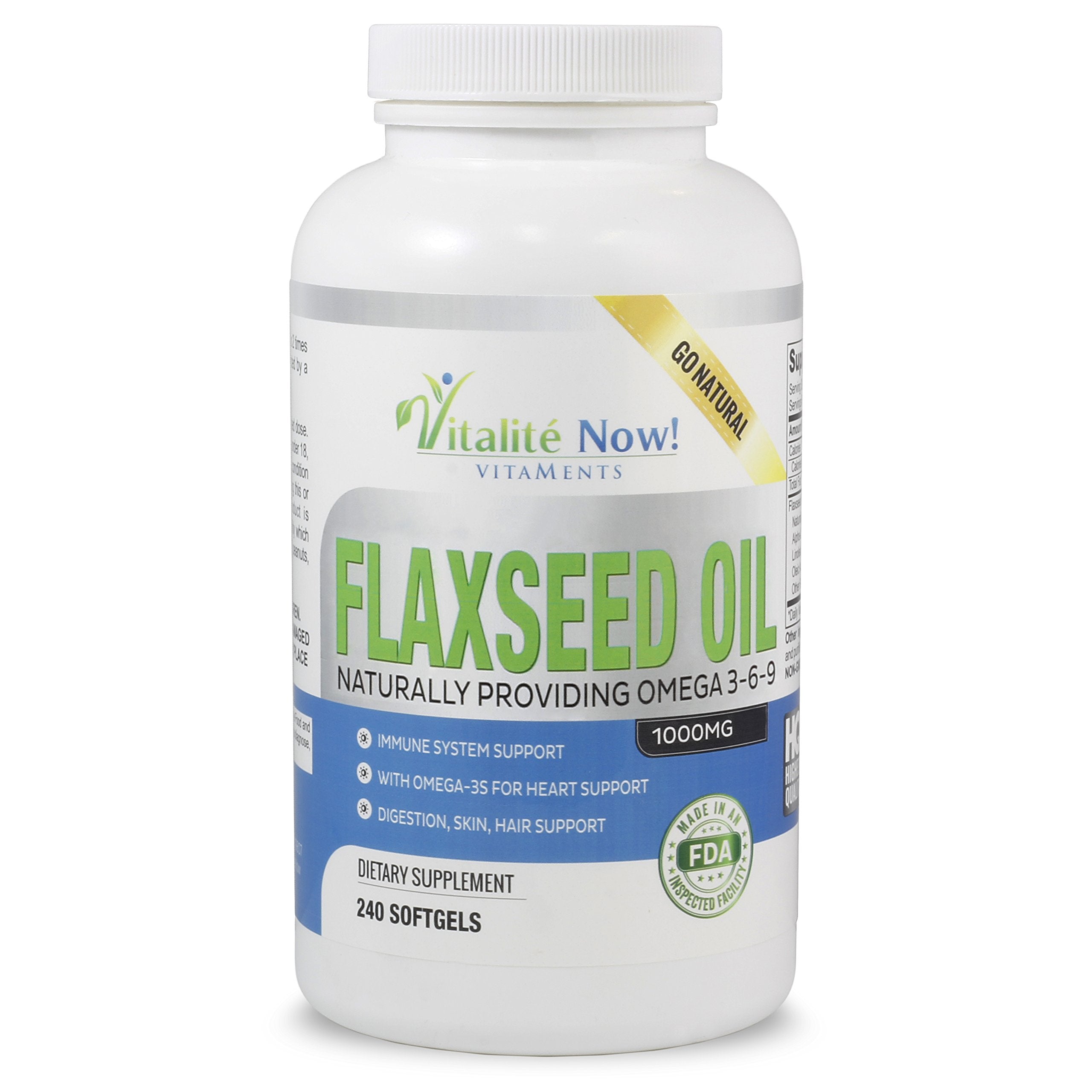 Vitalité Now Upsize flaxseed oil softgels bottle close-up highlighting omega-3-6-9 support.