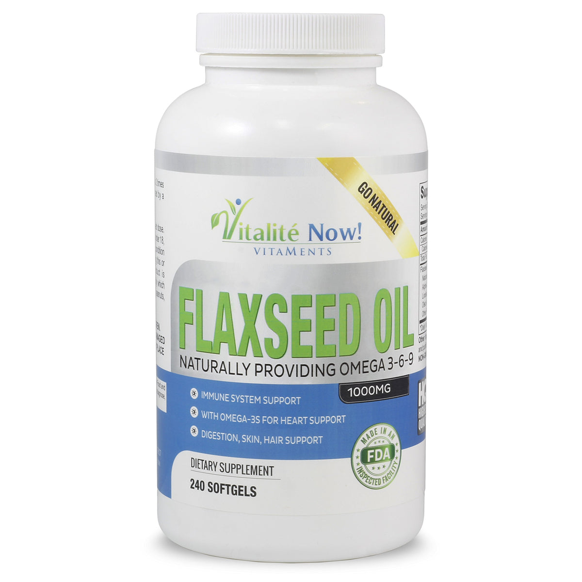 Vitalité Now Upsize flaxseed oil softgels bottle close-up highlighting omega-3-6-9 support.
