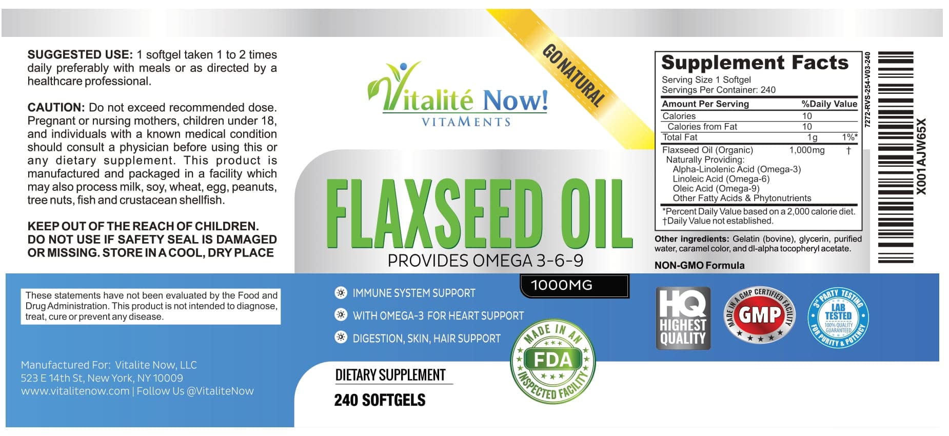 Vitalité Now Upsize packaging emphasizes virgin cold-pressed flaxseed oil benefits.