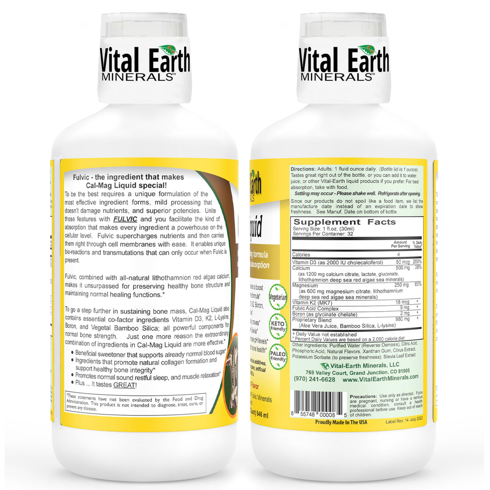 Vital Earth Minerals Cal-Mag Liquid dropper close-up highlighting mineral-rich formula for daily wellness.