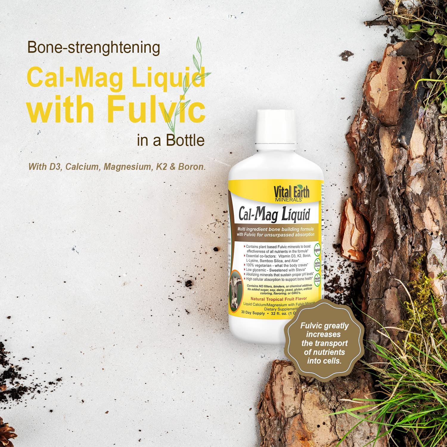 Fulvic minerals extracted naturally in Vital Earth Minerals Cal-Mag Liquid packaging.
