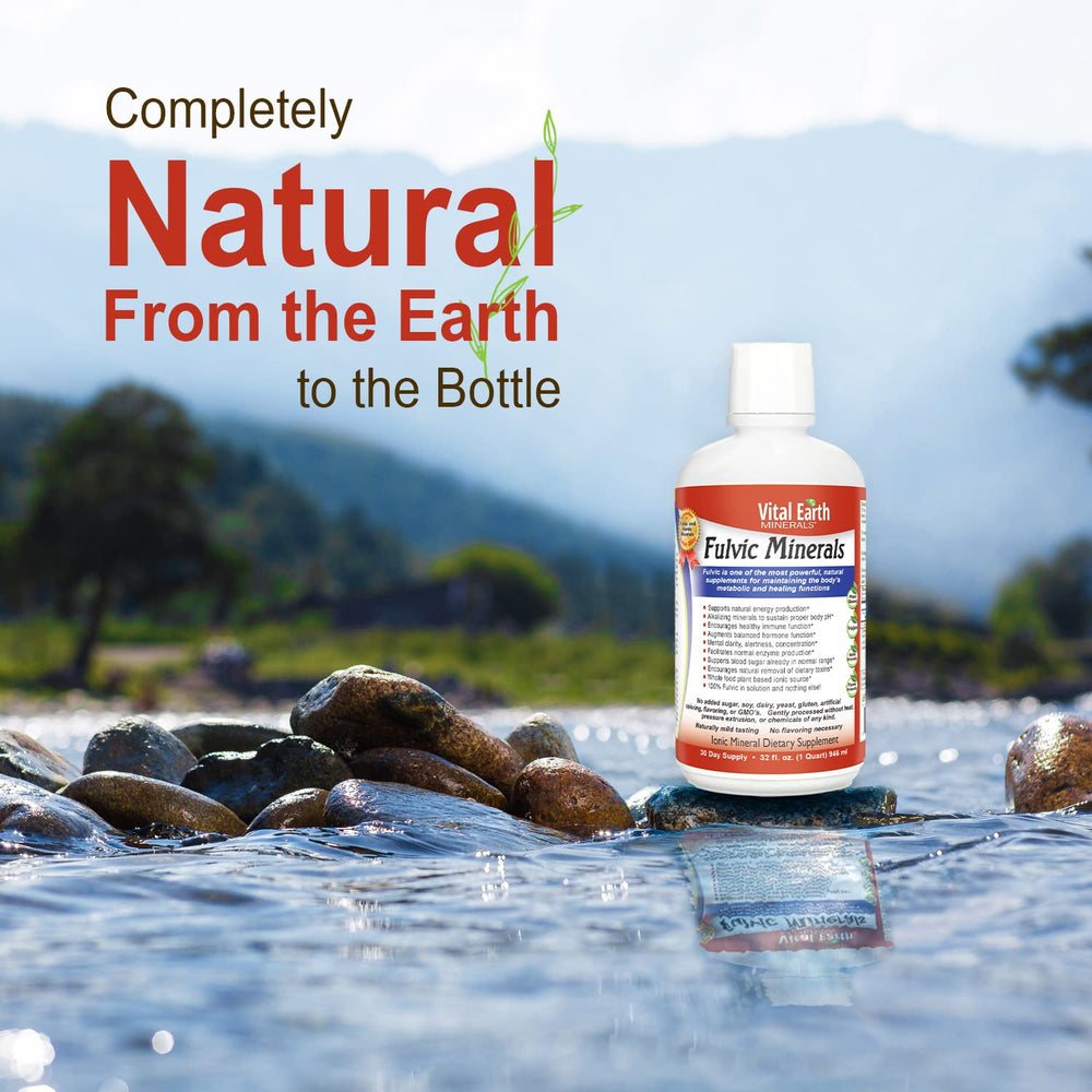 Compact 32-ounce bottle of Vital Earth Minerals fulvic minerals shown on a countertop.