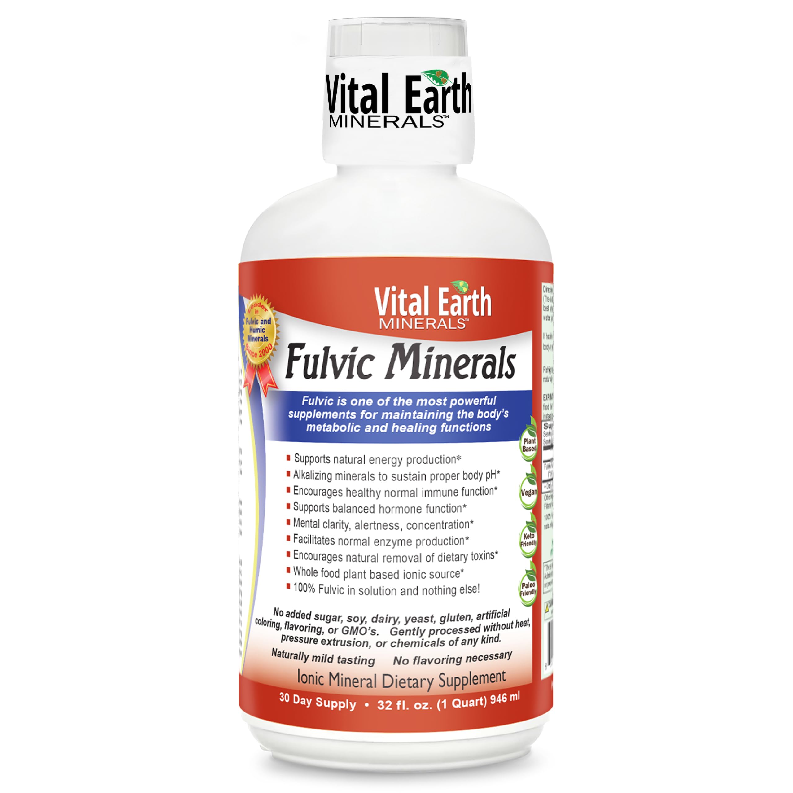 Vital Earth Minerals fulvic liquid bottle, showcasing convenient mineral delivery for daily energy support.