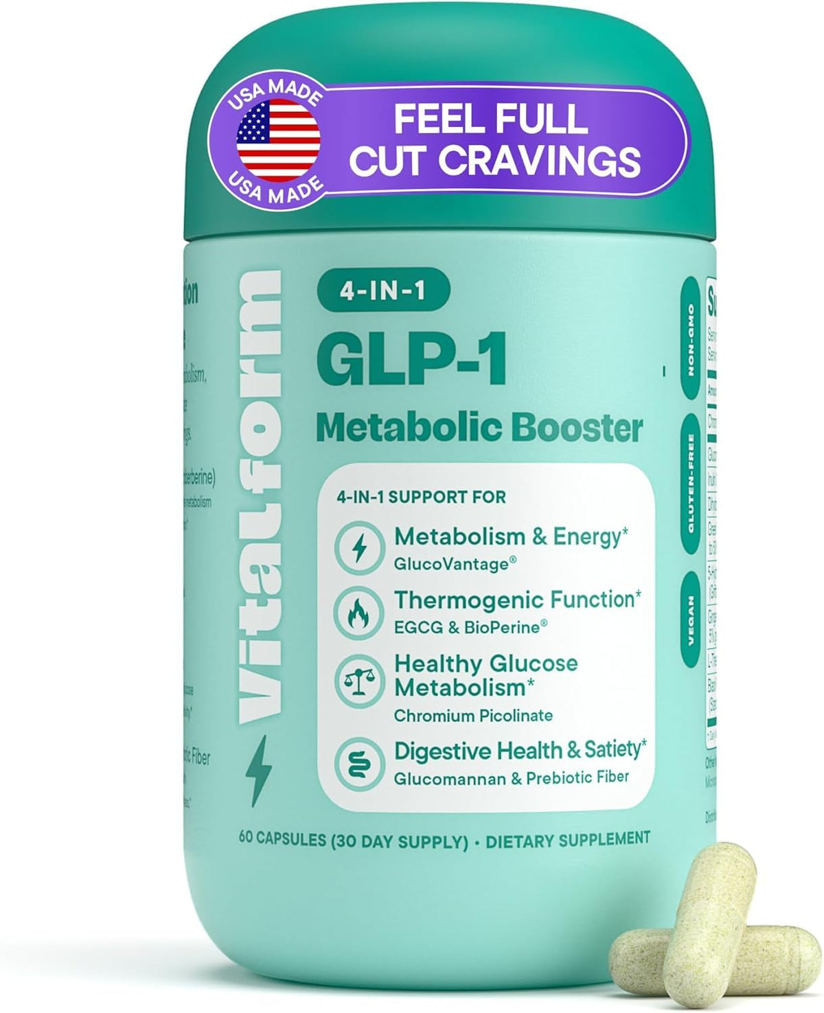 VitalForm GLP-1 Metabolic Support bottle with capsules aids daily appetite control and convenient dosing.