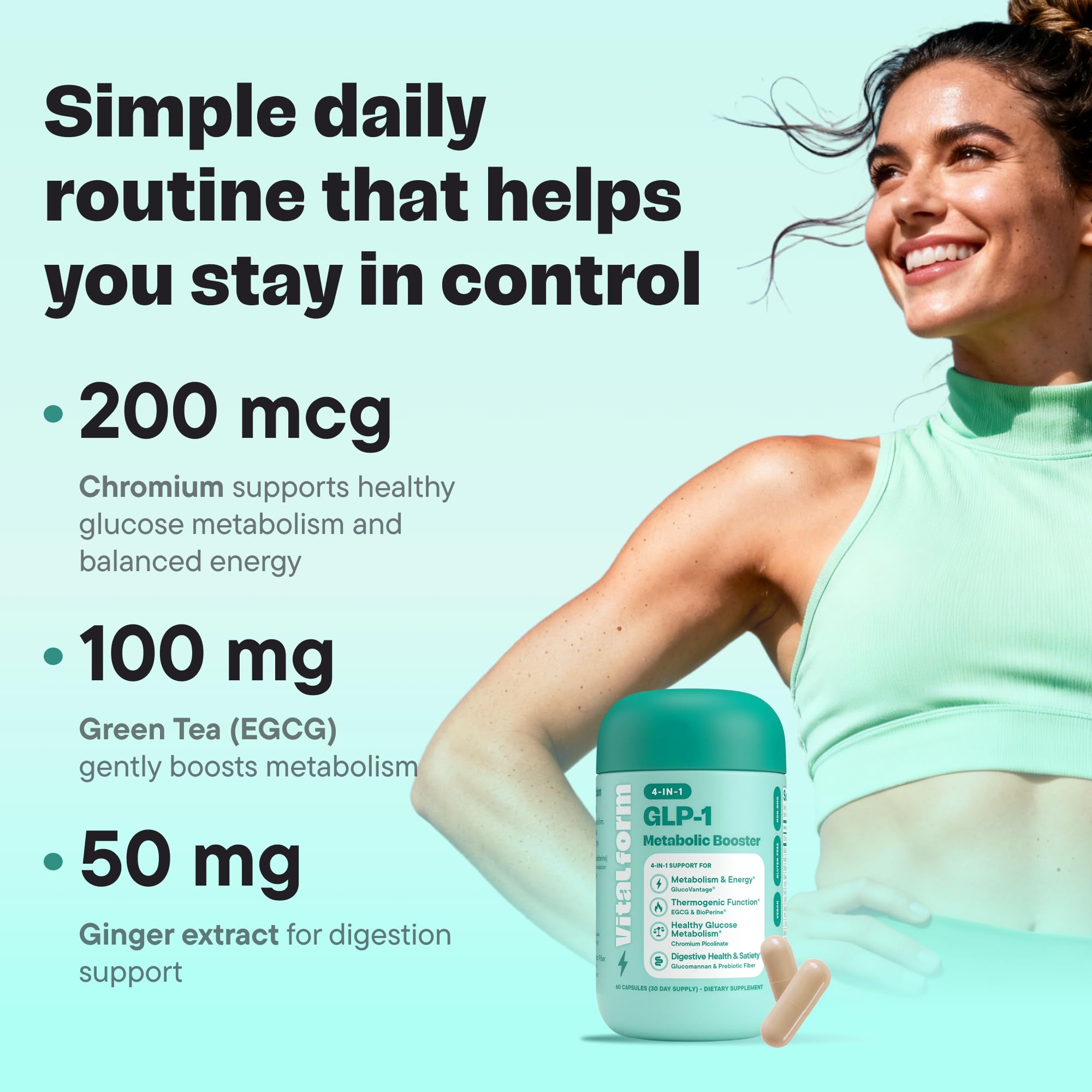 VitalForm GLP-1 Metabolic Support green-tea-egcg imagery suggests natural energy support.