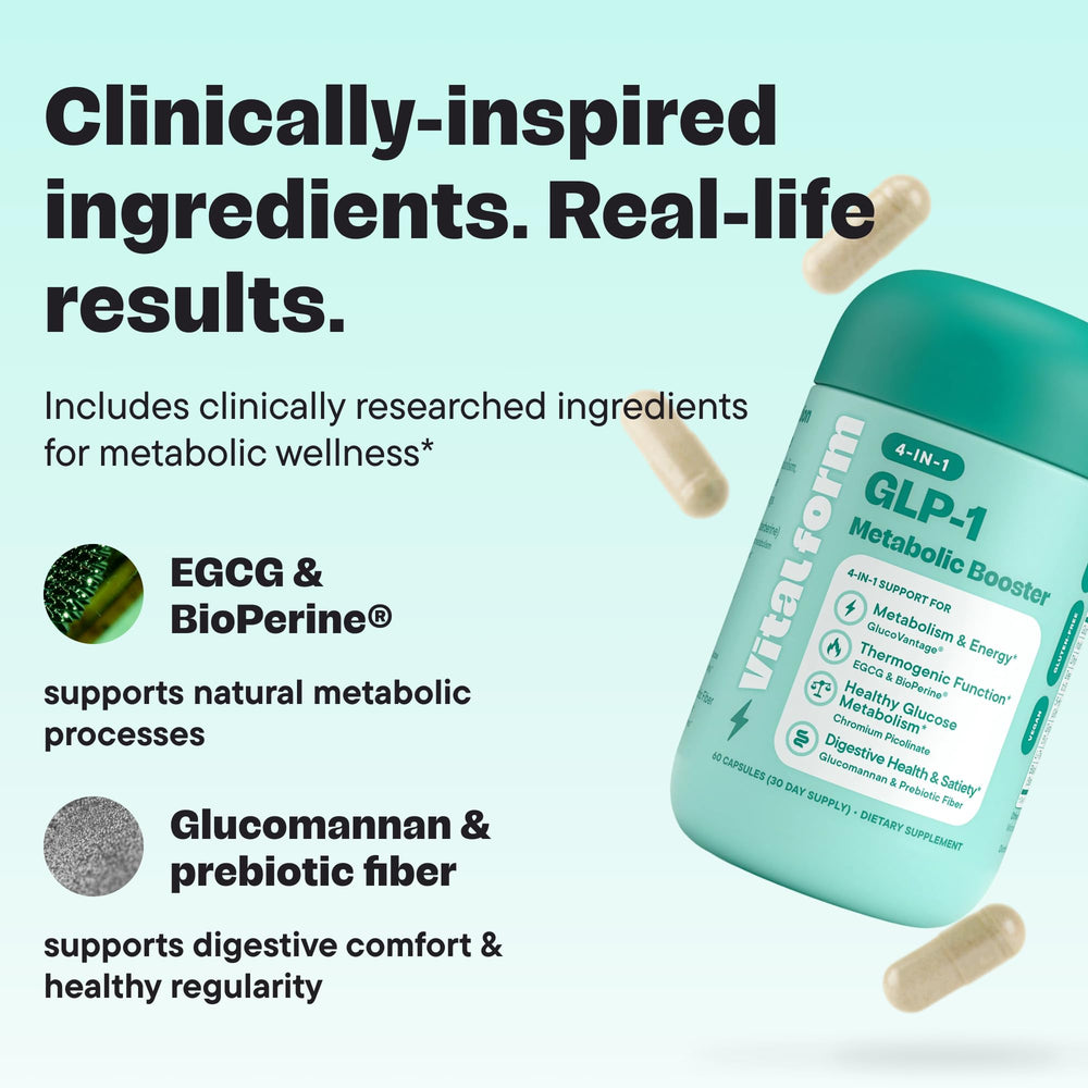 VitalForm GLP-1 Metabolic Support packaging emphasizes vegan, non-GMO quality.