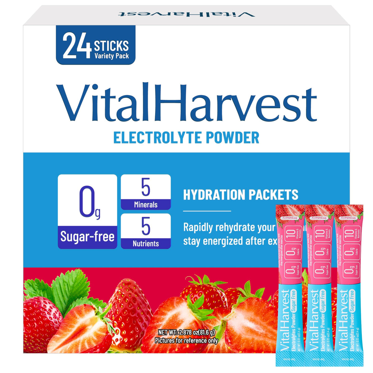 VitalHarvest 24 Sticks electrolytes strawberry flavor for fast hydration on the go