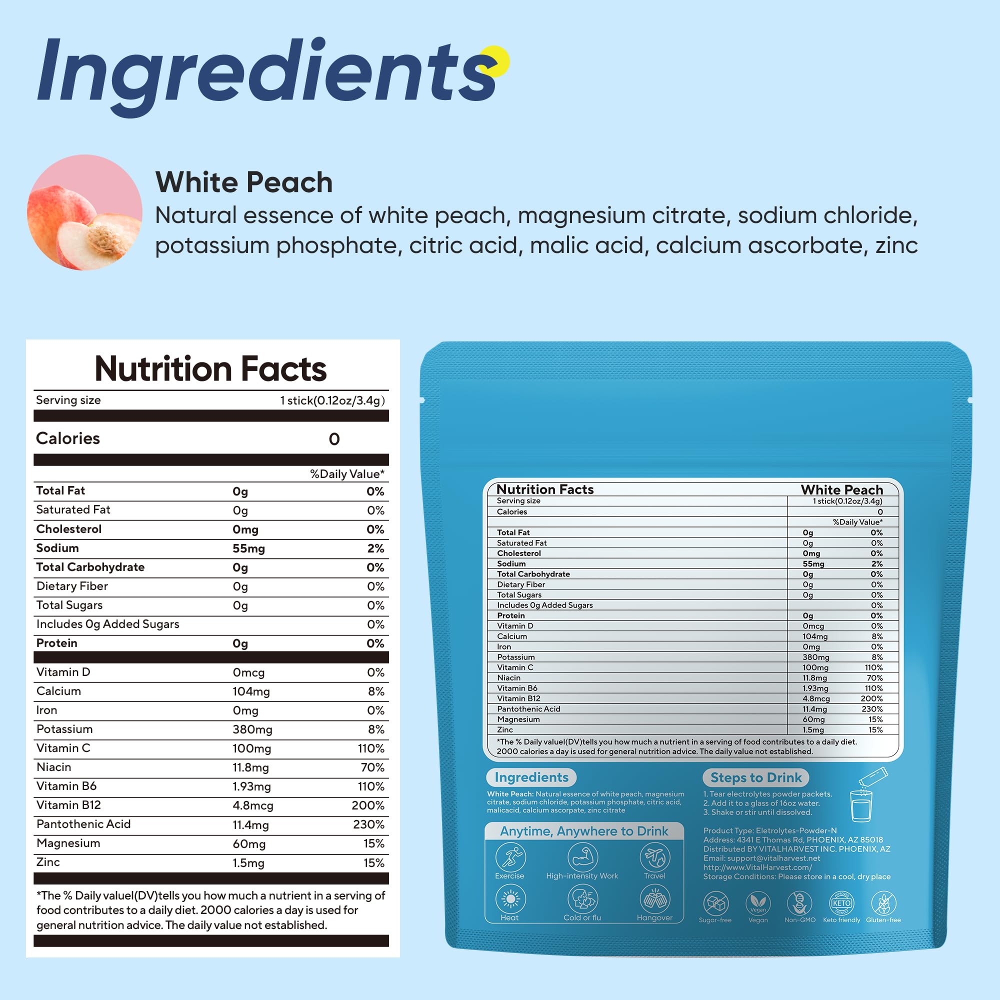 VitalHarvest 36 sticks electrolyte packets in a dispensing box for travel-friendly hydration.