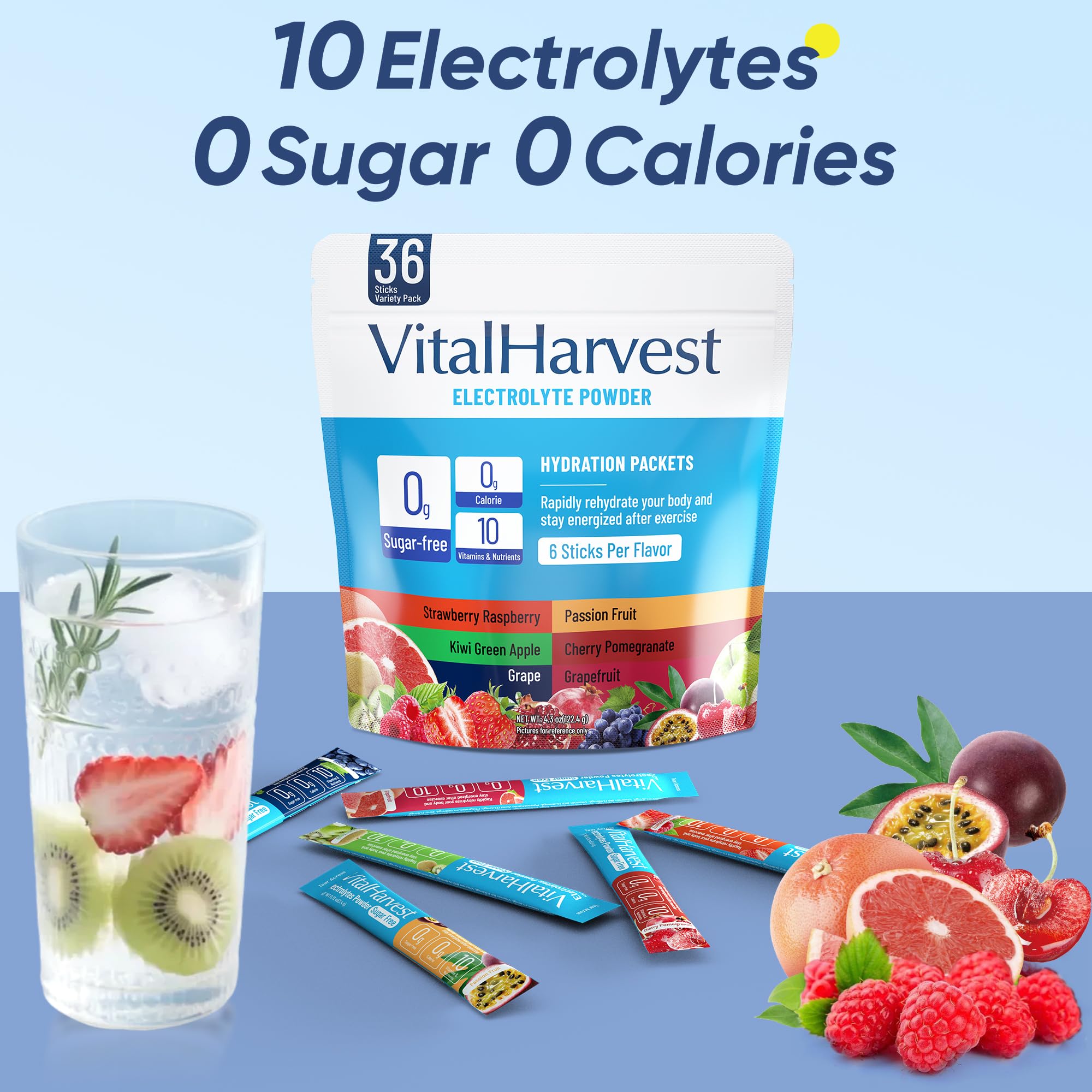VitalHarvest grape flavor packets creating a cool drink over ice