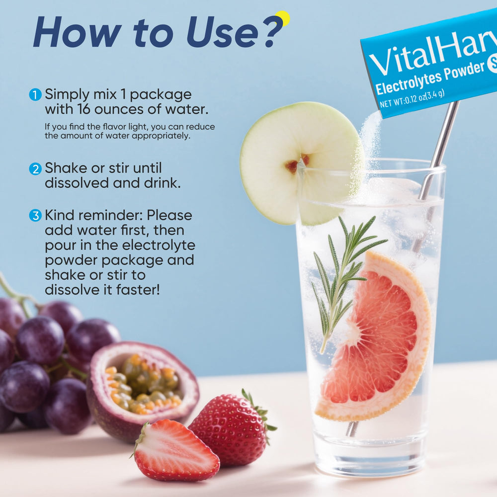 VitalHarvest grapefruit electrolyte mix in a clear glass during travel