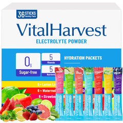 VitalHarvest Lemon Lime electrolyte packets for quick hydration on the go.