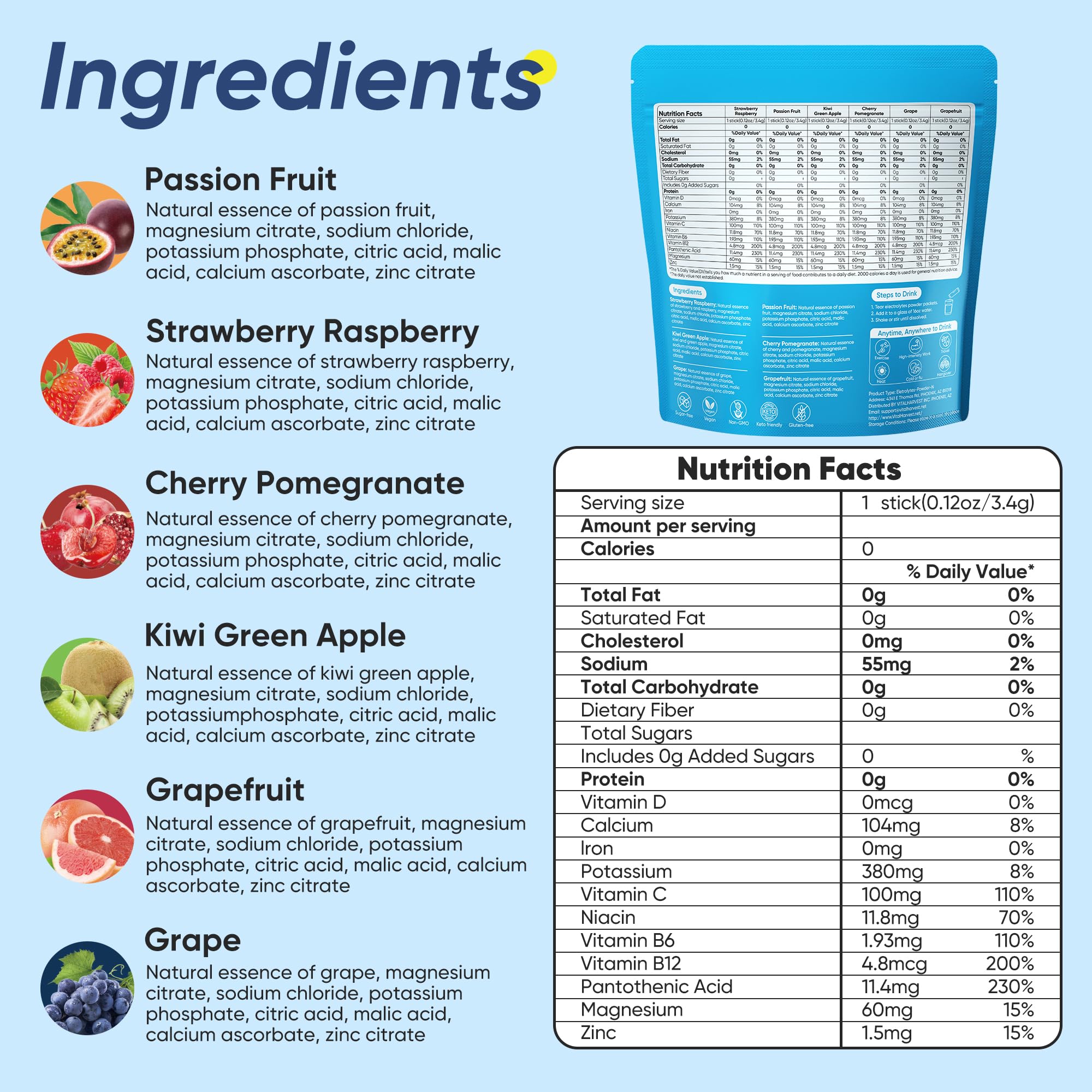 VitalHarvest electrolyte packets in passion fruit dissolving in a glass to refresh during workouts