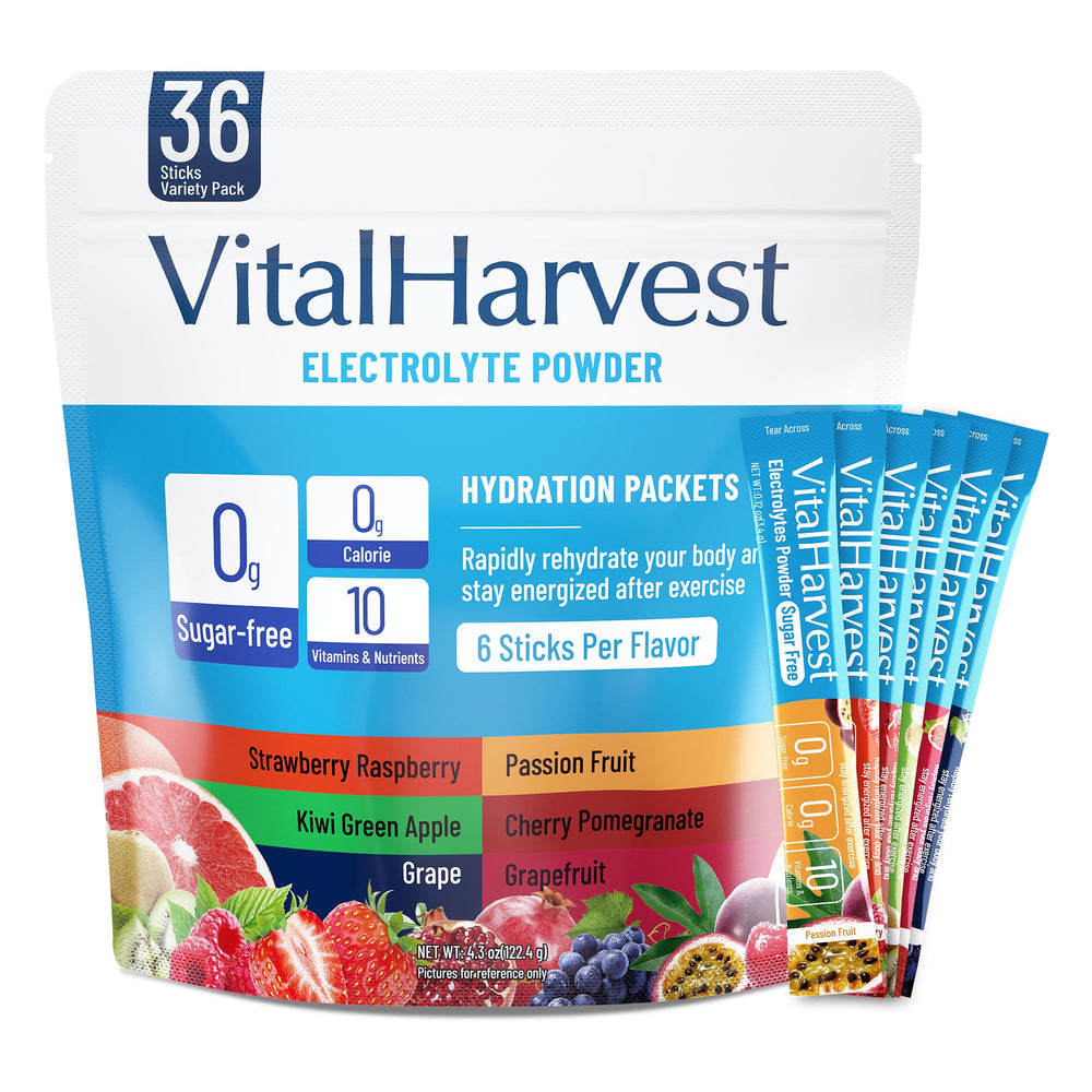 VitalHarvest electrolyte packets in strawberry raspberry being mixed for quick hydration
