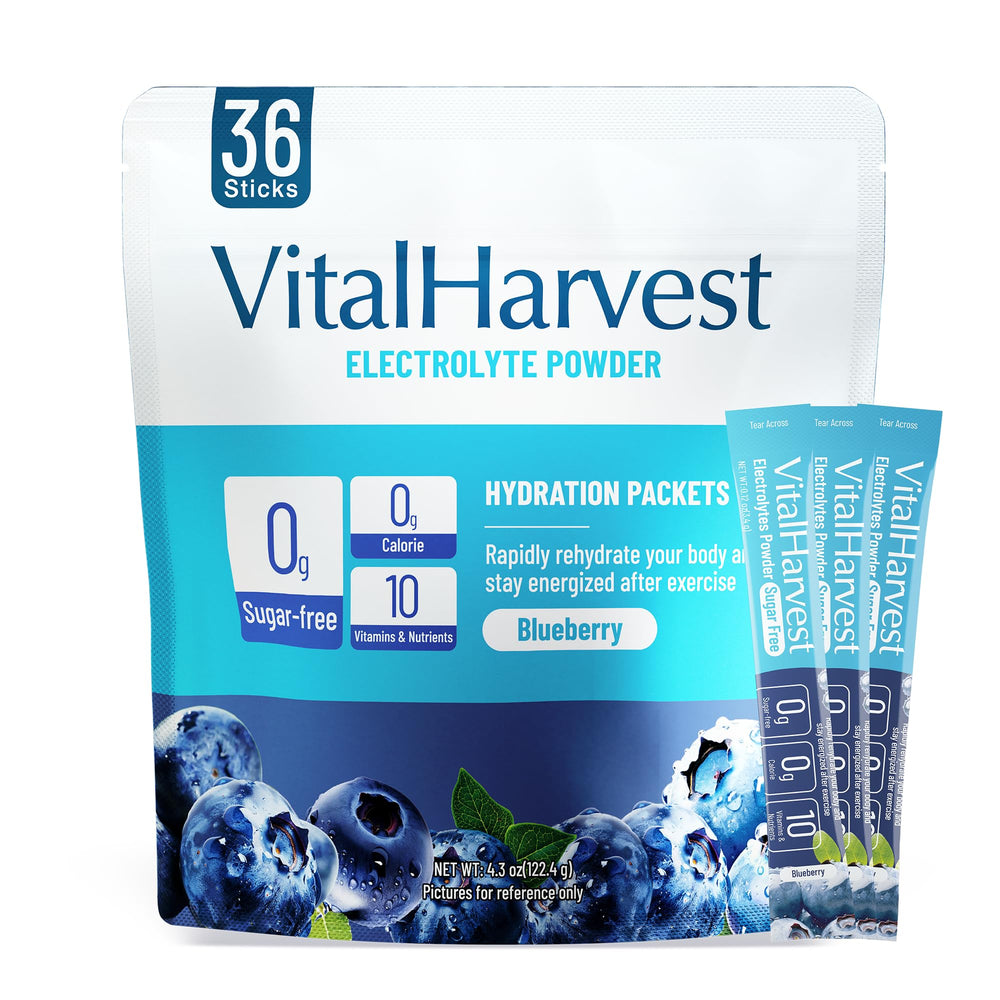 VitalHarvest 36 Sticks electrolyte powder blueberry packaging for convenient hydration
