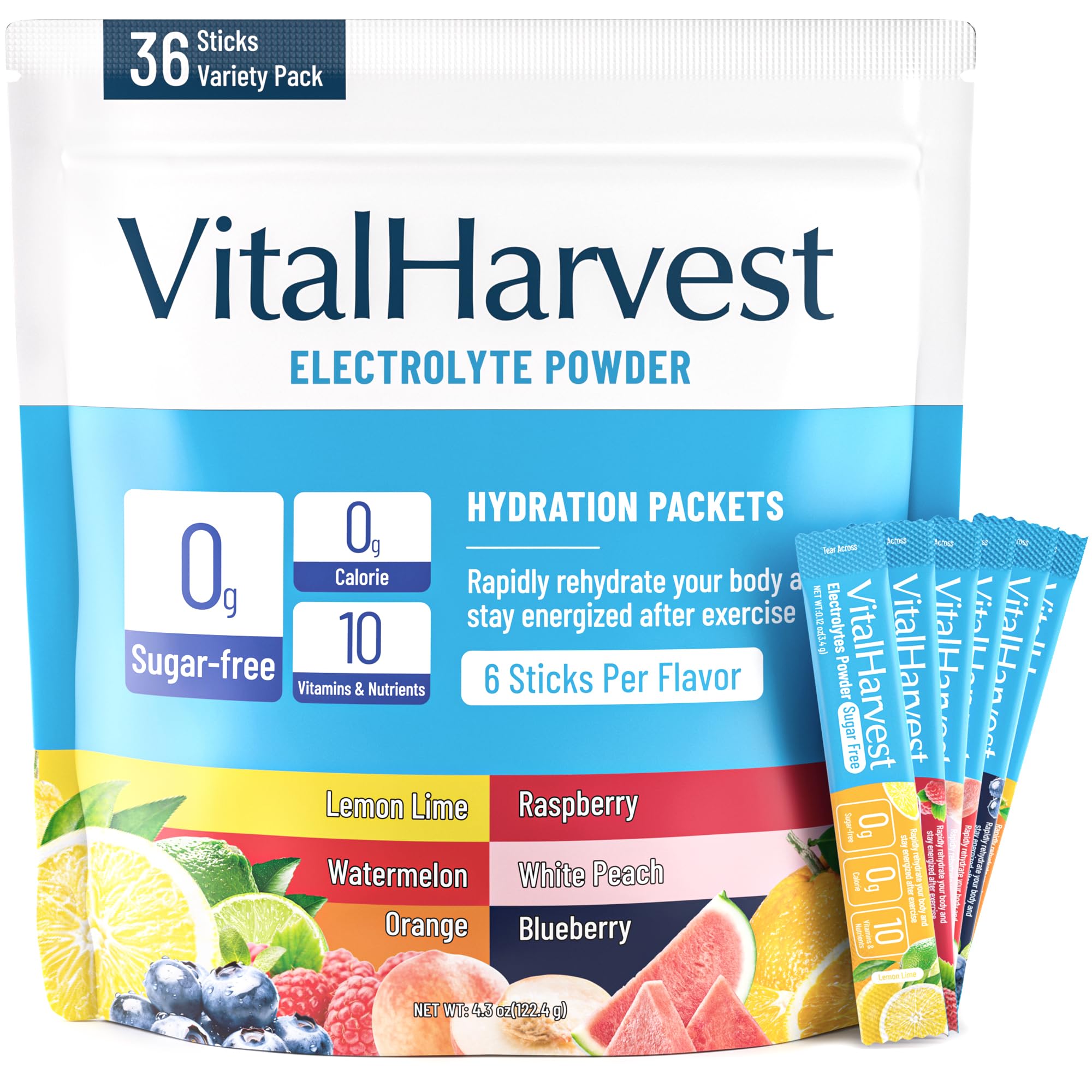 VitalHarvest 36 Sticks electrolytes front packaging ready for hydration on the go.