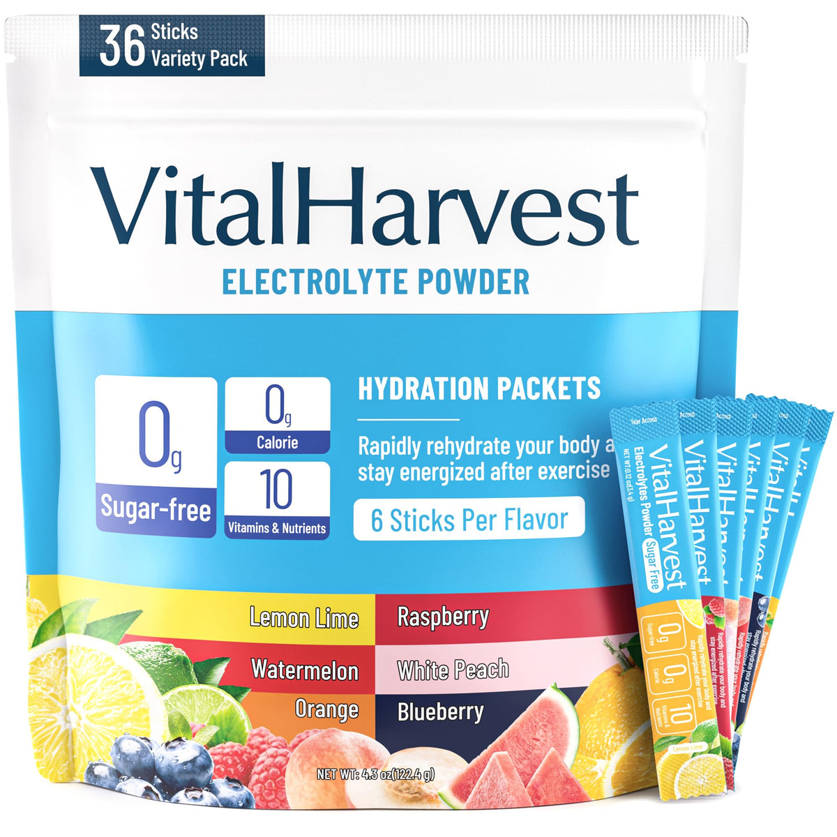 VitalHarvest 36 Sticks electrolytes front packaging ready for hydration on the go.
