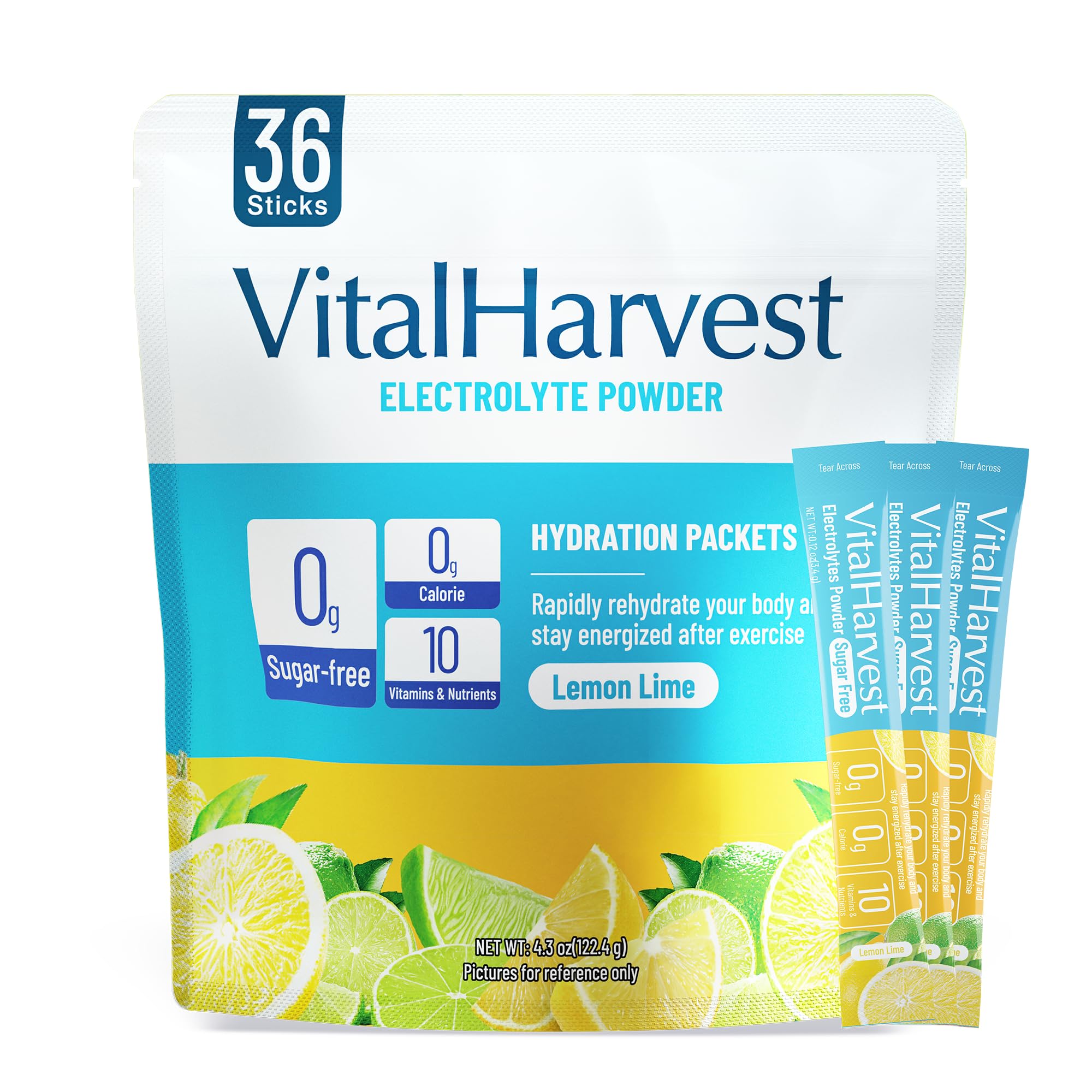 VitalHarvest 36-sticks packaging with lemon-lime flavor for on-the-go hydration