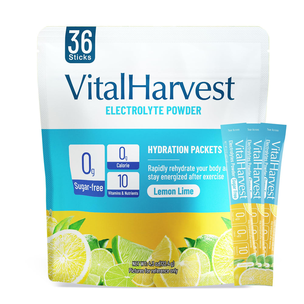 VitalHarvest 36-sticks packaging with lemon-lime flavor for on-the-go hydration