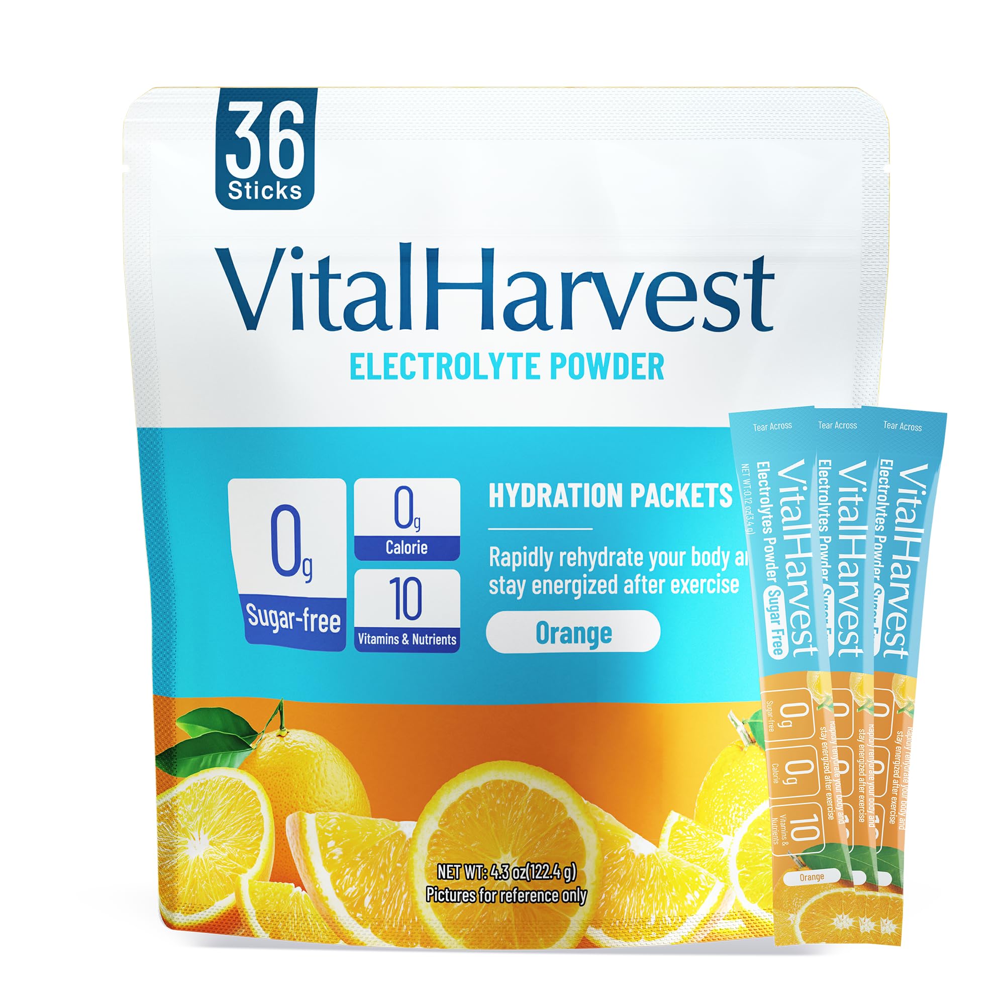 VitalHarvest orange flavor packet ready to mix for refreshing hydration.