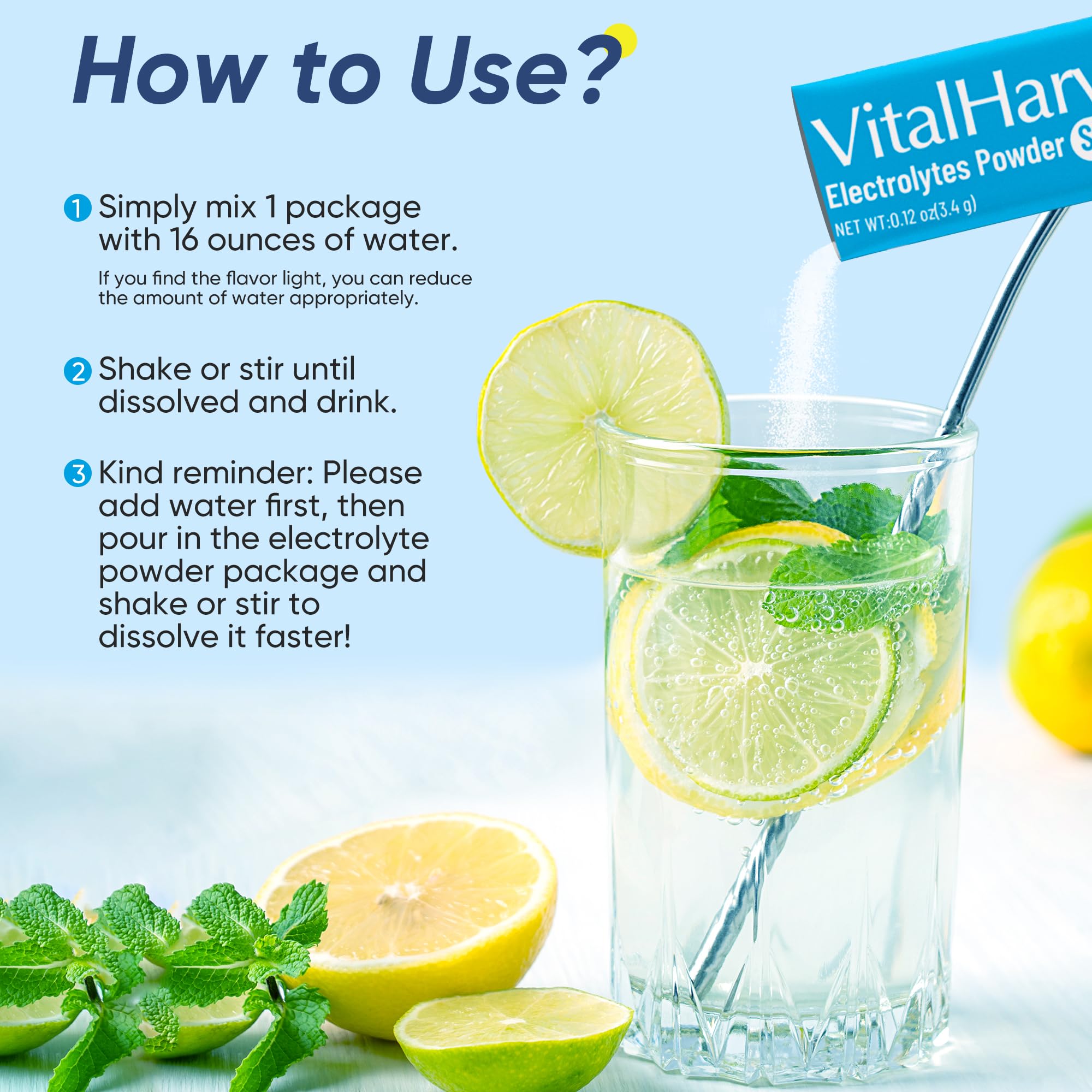 VitalHarvest blueberry electrolyte packet suitable for daily hydration routines.