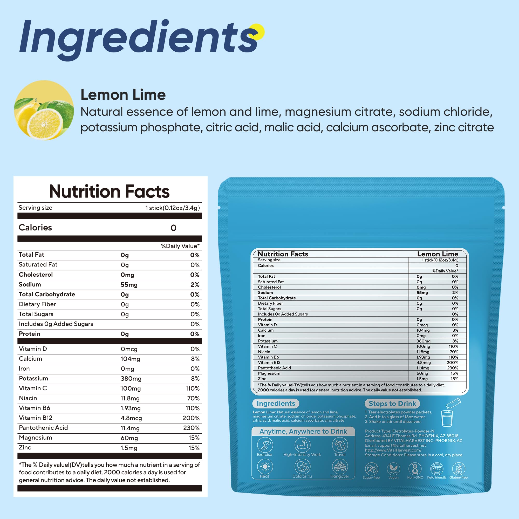 VitalHarvest electrolyte powder packets close-up emphasizing sugar-free hydration