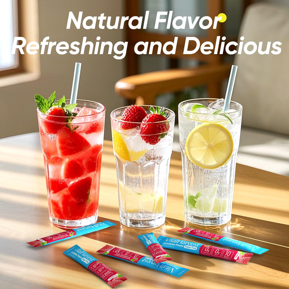 VitalHarvest glass with raspberries highlighting refreshing hydration