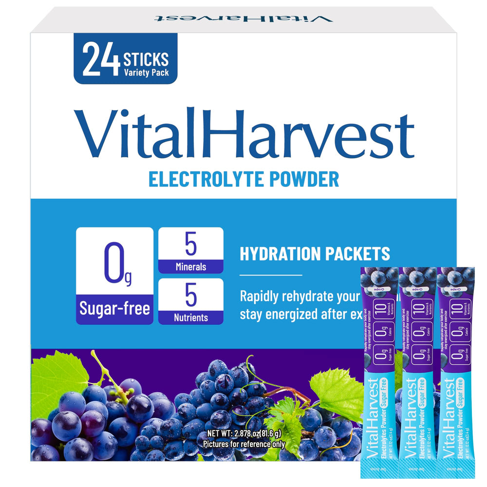 VitalHarvest grape electrolyte packet ready for on-the-go hydration