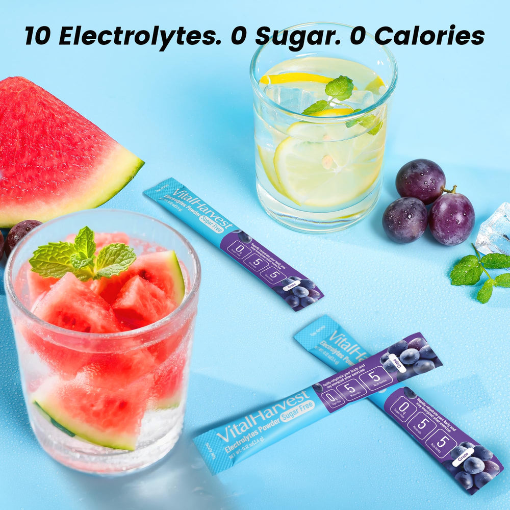 VitalHarvest grape electrolyte packet beside water bottle, sugar-free refreshment option