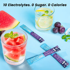 VitalHarvest grape electrolyte packet beside water bottle, sugar-free refreshment option