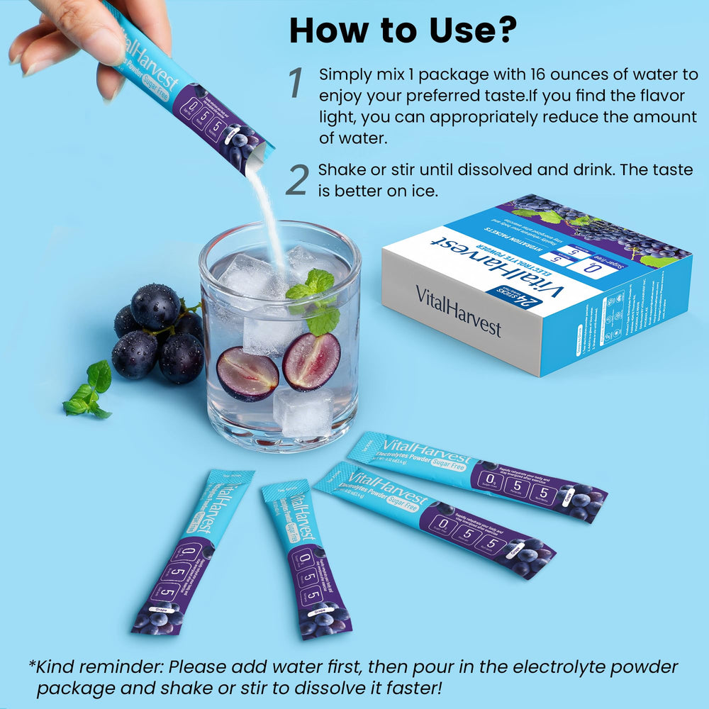 VitalHarvest grape electrolyte packet beside a juice glass, ideal for travel
