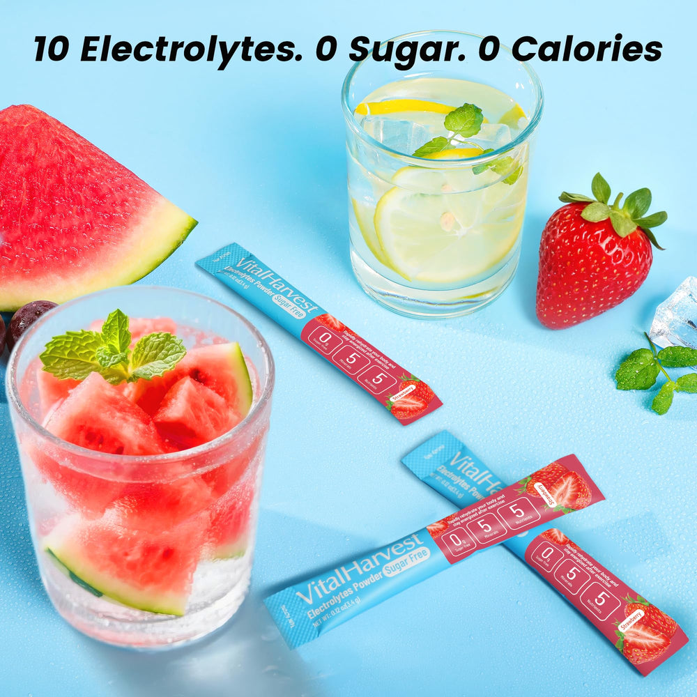 VitalHarvest sugar-free hydration mix with strawberry flavor