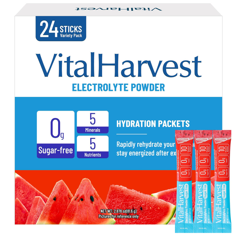 VitalHarvest watermelon electrolyte packets front view for quick hydration on the go.