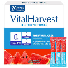 VitalHarvest watermelon electrolyte packets front view for quick hydration on the go.