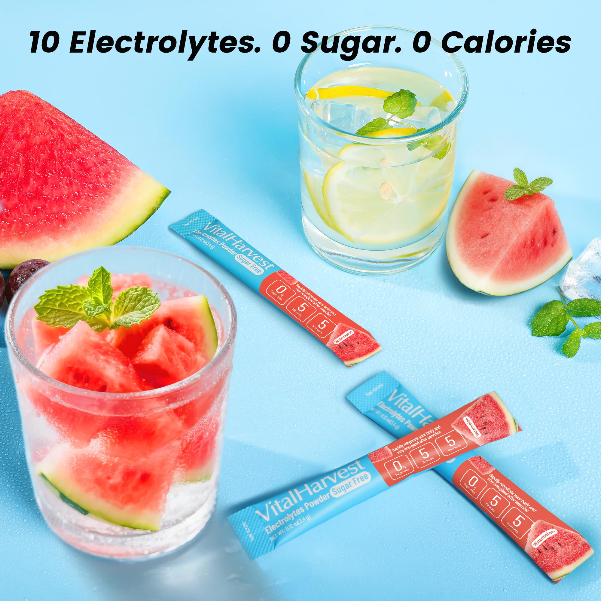 VitalHarvest watermelon flavor drink in a glass highlights refreshing, sugar-free hydration for active days.