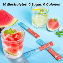VitalHarvest watermelon flavor drink in a glass highlights refreshing, sugar-free hydration for active days.