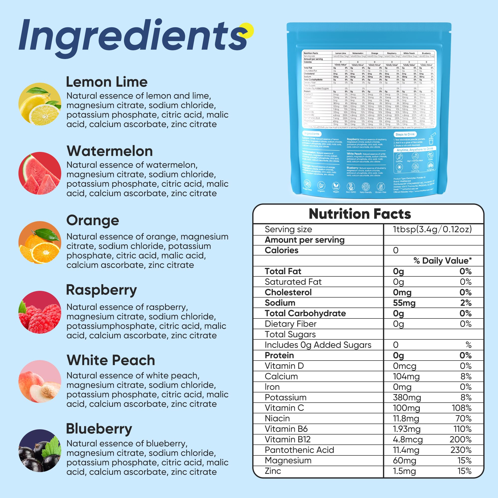 VitalHarvest watermelon electrolyte packet ideal for on-the-go hydration.