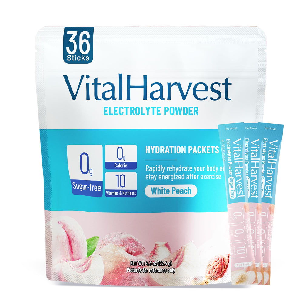VitalHarvest white peach electrolyte packets on display for quick, refreshing hydration.