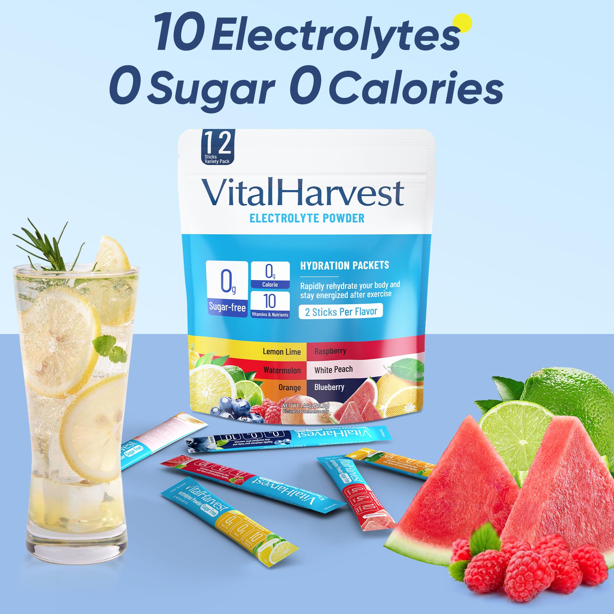 VitalHarvest white peach electrolyte packet offers smooth, low-sugar hydration.