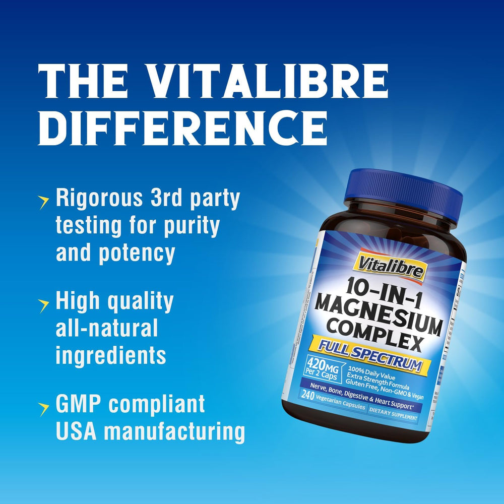 Vitalibre 10-in-1 Magnesium Complex bottle in a kitchen setting, suggesting daily wellness routine.