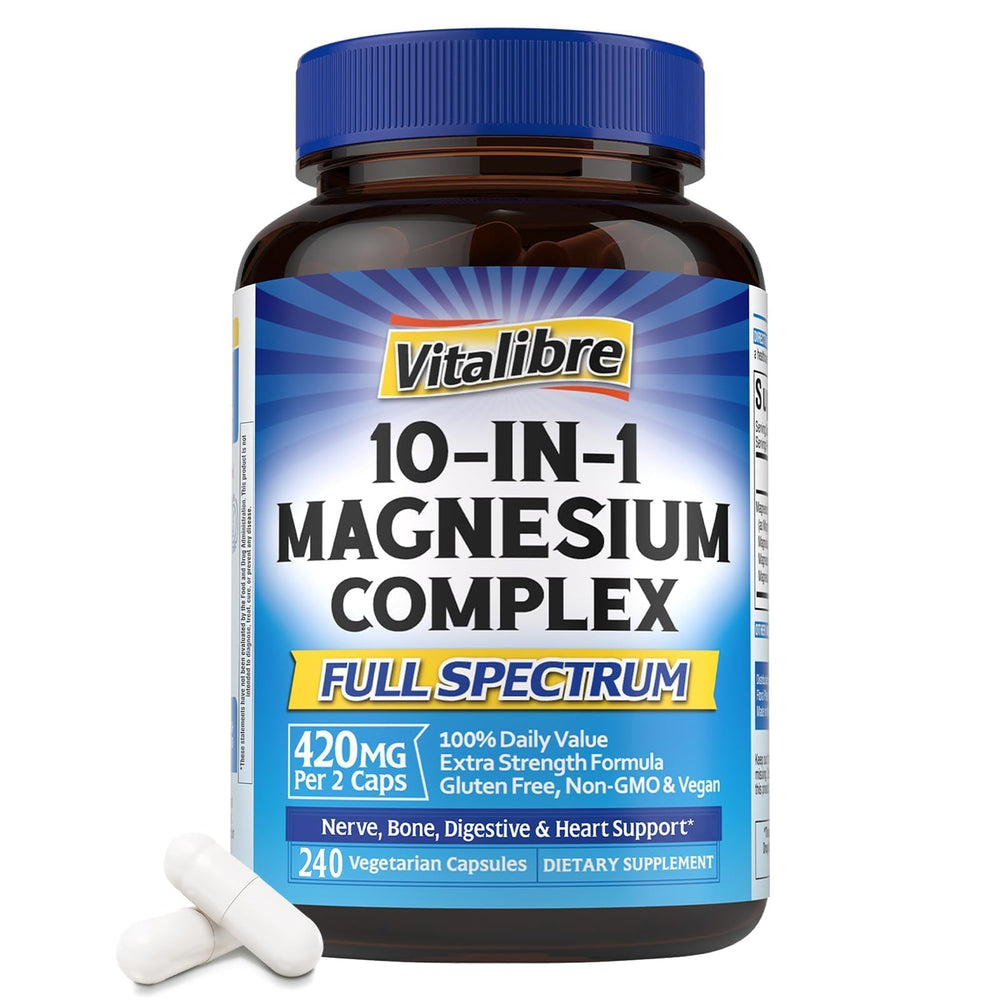 Vitalibre 10-in-1 Magnesium Complex bottle label close-up, showcasing the comprehensive blend for daily wellness.