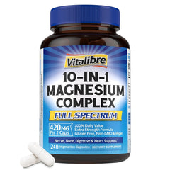 Vitalibre 10-in-1 Magnesium Complex bottle label close-up, showcasing the comprehensive blend for daily wellness.