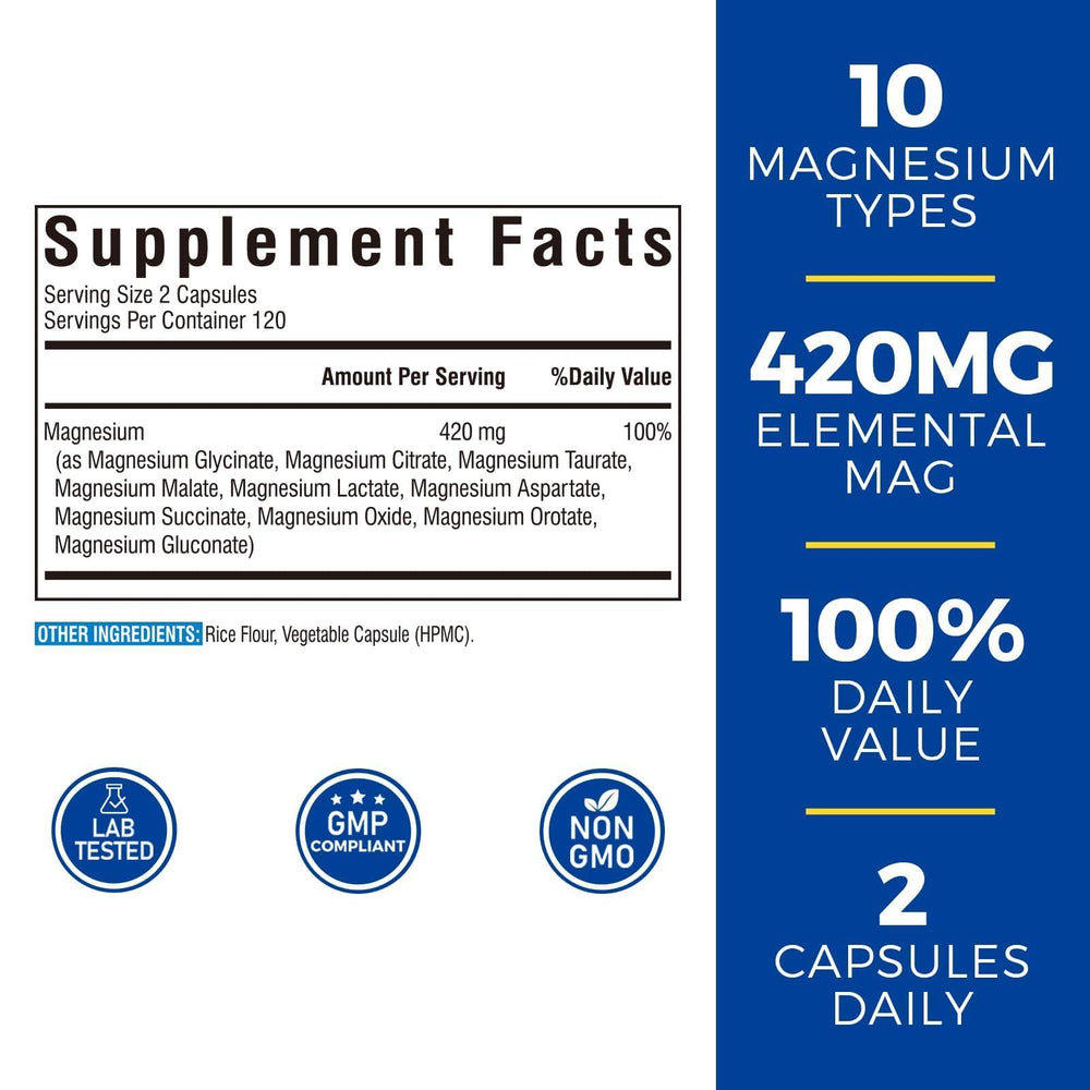Vitalibre 10-in-1 Magnesium Complex capsules on a white surface, illustrating easy daily intake.